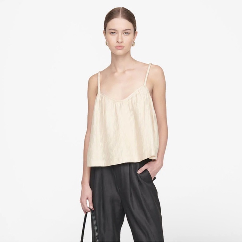 Anine Bing Theodora Champagne Crinkle Neutral Tank Top Women Medium Quiet Luxury